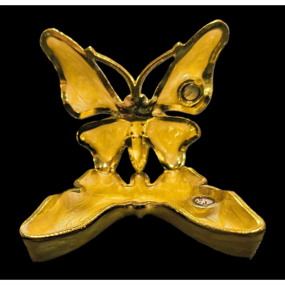 Vintage Butterfly Trinket Pill Box Gold Tone Enamel Rhinestone Hinged